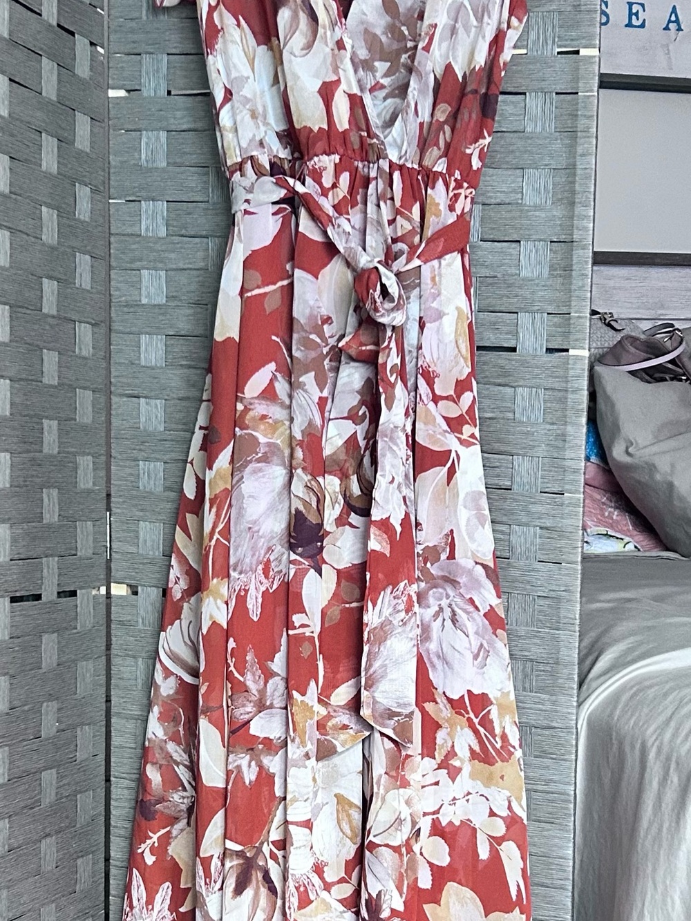 Floral Rust Wrap Maxi Dress with Self-Tie Waist